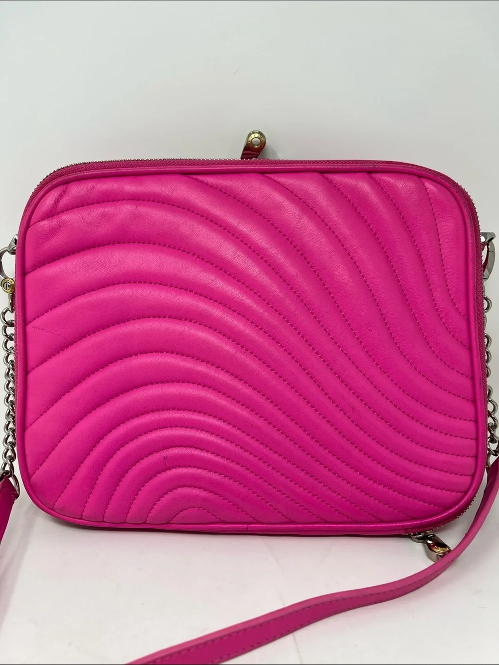 RARE Henri Bendel No. 7 East West Quilted Leather iPad Crossbody Bag - Hot Pink